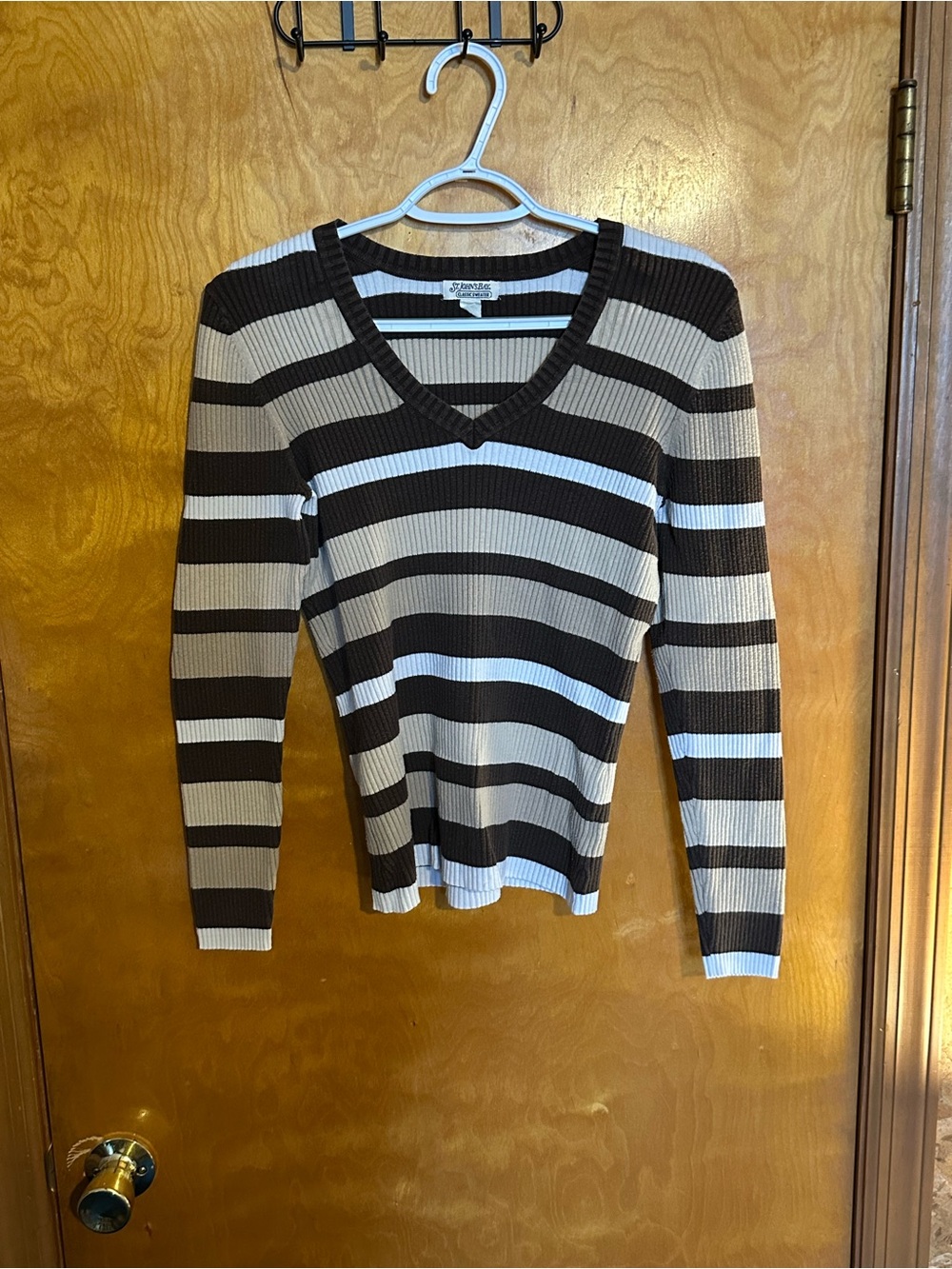 St. John's Bay Brown, Cream & White Striped V-Neck Sweater